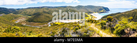 Panorama overlooking the Tapotupotu Stream and campground, the nearest campsite to Cape Reinga, North Island, New Zealand Stock Photo