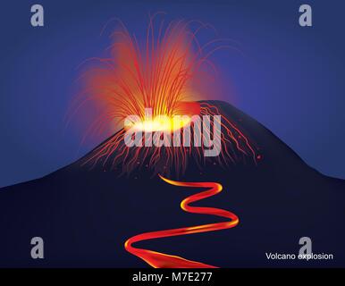 The most common perception of a volcano is of a conical mountain, spewing lava and poisonous gases from a crater at its summit. Illustration vector gr Stock Vector