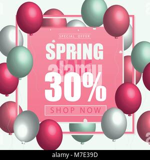 Spring card template with balloons. Pink yellow color. for flyer, poster, banner Stock Vector