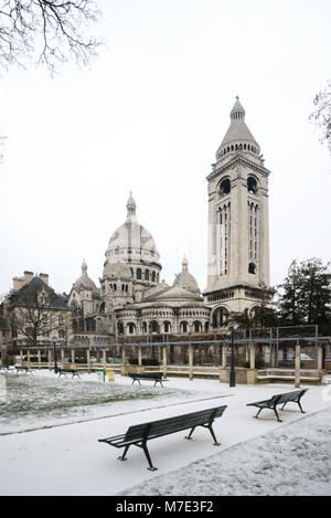 Sacré-Coeur Basilica under Snow in Winter, Paris, France Stock Photo