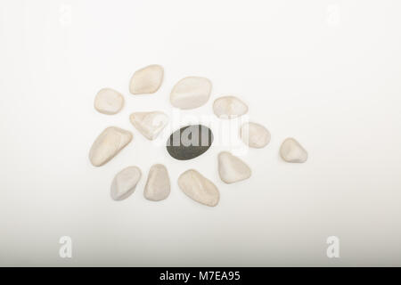 Water washed smooth white pebbles with a single black one on a white background with copy space in a conceptual image Stock Photo