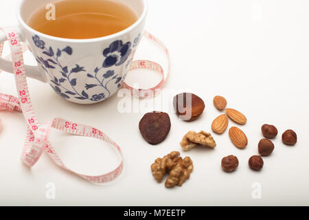 Assorted dried healthy nuts with green tea and a tape measure in a concept of weight loss through correct diet and nutrition Stock Photo