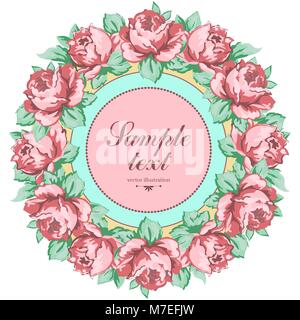 Wreath of rose flower, vector floral background, round flower frame, border. Drawn buds pink rose flower and leaves hand drawing with a label for text Stock Vector