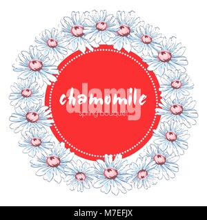 Wreath of chamomile flowers, vector floral background, round flower frame, border. Drawn buds white chamomile flowers hand drawing with a label for te Stock Vector