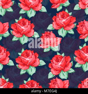 Rose flower hand drawing seamless pattern, vector floral background, floral embroidery ornament. Drawn buds red rose flower and leaves on dark blue backdrop. For fabric design, wallpapers, decorating Stock Vector