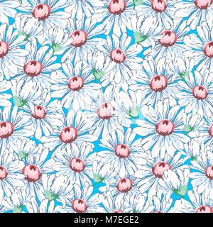 Chamomile flower hand drawing seamless pattern, vector floral background, floral embroidery ornament. Drawn buds cartoon white chamomile on bright blue backdrop. For fabric design, wallpapers Stock Vector