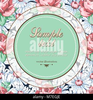 Vector floral background, floral banner, cover, card. Round label for text against the background of drawn buds pink rose flower and white chamomile and leaves hand drawing on a dark blue backdrop Stock Vector