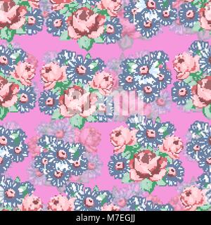Rose and chamomile flower hand drawing seamless pattern, vector floral background, floral embroidery ornament. Drawn buds pink rose flower and white chamomile on pink backdrop. For fabric design Stock Vector