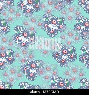 Chamomile flower hand drawing seamless pattern, vector floral background, floral embroidery ornament. Drawn buds white chamomile flower on green blue backdrop. For fabric design, wallpapers Stock Vector