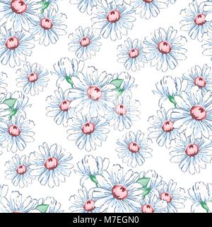 Chamomile flower hand drawing seamless pattern, vector floral background, floral embroidery ornament. Drawn buds white chamomile flower on white backdrop. For fabric design, wallpapers, decorating Stock Vector