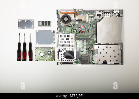 Studio shot high-angle view close-up of precision screwdriver and disassembled laptop computer in a repairs or maintenance concept over white backgrou Stock Photo