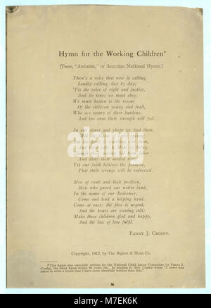 Printed page of text- 'Hymn for the Working Children' by Fanny J. Crosby. LOC nclc.04889 Stock Photo