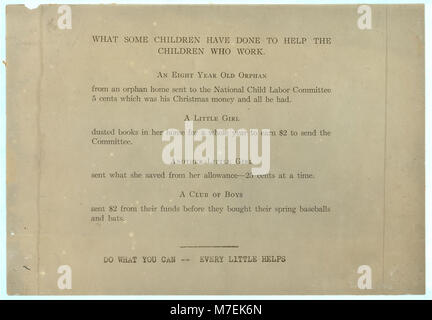 Printed page of text- 'What Some Children Have Done to Help the Children Who Work.' LOC nclc.04893 Stock Photo