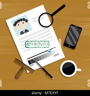 Hired concept top view. Recruitment and document cv top view, application candidate to work. Vector illustration Stock Vector