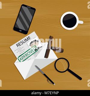 Admission to work in personnel department. Resume employment on office table, resources personnel management, vector illustration Stock Vector