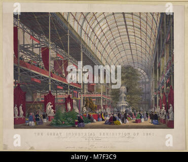 This image depicts the transept of the Great Industrial Exhibition of 1851, held in London. The exhibition showcased the advancements of the industrial revolution. Stock Photo