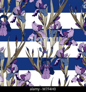 Irises flowers vector seamless pattern flowered background of botany texture Stock Vector