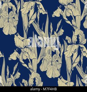 Irises flowers vector seamless pattern flowered background of botany texture Stock Vector