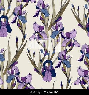 Irises flowers vector seamless pattern flowered background of botany texture Stock Vector