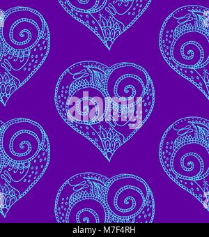 Vector illustration of seamless pattern from hand drawing heart with snail couple in love. Ultra blue hearts on violet background Stock Vector