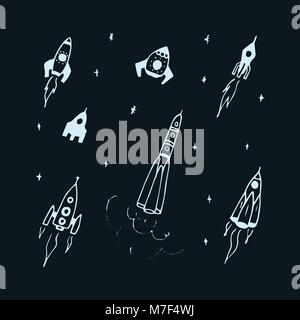 Vector set of hand drawn doodle rocket icon and rocket silhouette. Icon design rocket, spaceships, rocket ship Stock Vector