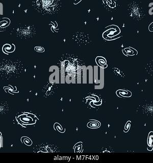 Vector seamless hand drawn galaxy background from spiral, elliptical, lenticular and irregular nebula. Space backdrop Stock Vector