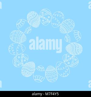 Vector round frame from white doodle Easter eggs on blue background. Easter holiday template Stock Vector