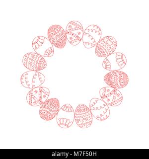 Vector round frame from red doodle Easter eggs on white background. Easter holiday template Stock Vector