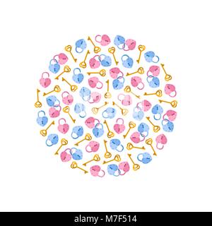 Vector decorative round from padlock, key with heart shape. background for Valentine day Stock Vector