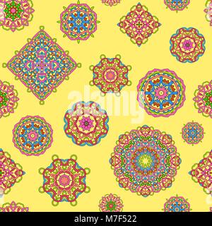 Vector seamless pattern from different ornate bright mandalas on yellow background Stock Vector