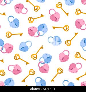 Vector seamless pattern from padlock, key with heart shape. Background for Valentine day Stock Vector