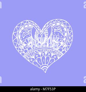 Vector doodle hand drawn heart. White heart on violet background. Card for Saint Valentines Day. Symbol of love. Heart in zentangle style. Stock Vector