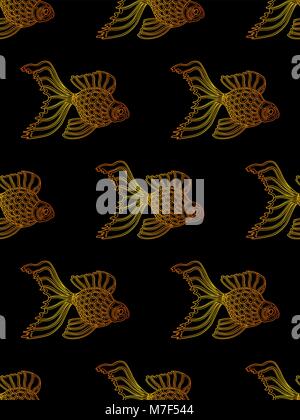 Vector seamless pattern from gradient golden gold fish on black background Stock Vector