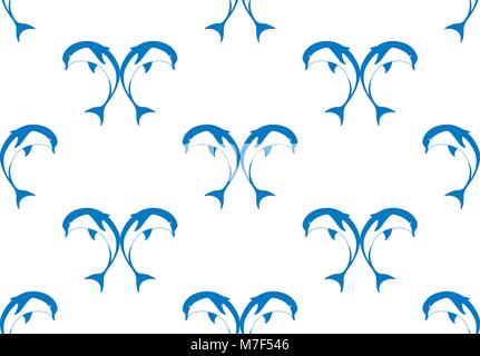 Vector seamless pattern of two bouncing dolphin on white background Stock Vector