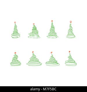 Vector set from sketch green christmas trees with red decoration ball on the top Stock Vector