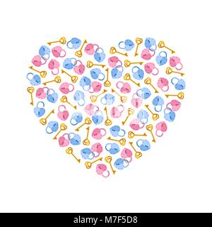 Vector illustration heart of padlocks, keys in heart shape. Greeting invitation card for saint Valentine day, wedding day Stock Vector