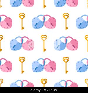 Vector seamless pattern from padlock couple, key with heart shape. Background for Valentine day Stock Vector