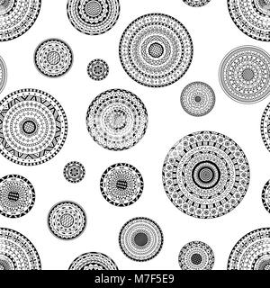 Vector seamless pattern of round abstract ethnic mandalas. Decorative background of circle mandala. Coloring page book anti stress for adult. Stock Vector