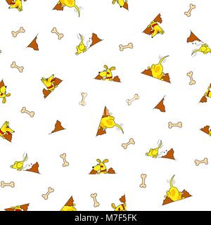 Vector seamless pattern from yellow dog burrowing nora in earth and bones Stock Vector