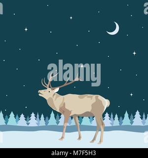 Vector decorative border from reindeer with antler on seamless background of trees snow, night sky with star and moon Stock Vector
