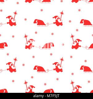 Vector seamless pattern from red silhouette of Santa Claus with sledge, bag of gifts and snowflakes Stock Vector