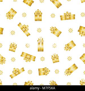 Vector seamless gift box pattern, gold gift boxes and snowflakes on white background Stock Vector