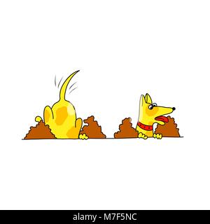 Vector cartoon yellow dog burrowing nora in earth. Symbol of 2018 year Stock Vector