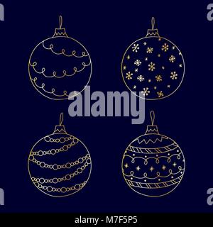 Vector hand drawn Christmas ball toy set. Golden Christmas ball toy on dark blue background Stock Vector