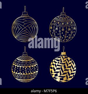 Vector hand drawn Christmas ball toy set. Golden Christmas ball toy on dark blue background Stock Vector