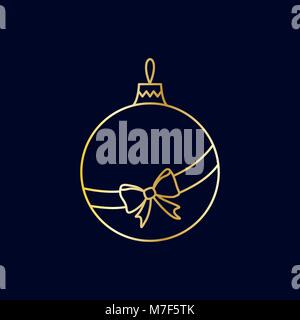 Vector simple golden Christmas tree ball with ribbon and bow. Line art design Stock Vector