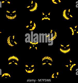 Seamless pattern with halloween pumpkins carved faces silhouettes on black background. Halloween background Stock Vector