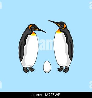 Vector illustration of bird penguin couple with egg. Emperor penguin family Stock Vector