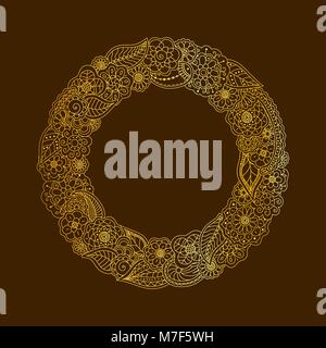 Vector decorative frame of gold doodle floral elements. Hand drawing circle frame Stock Vector