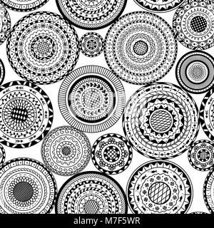 Vector seamless pattern from black and white round mandalas. Decorative background of circle mandala. Coloring page book anti stress for adult. Stock Vector